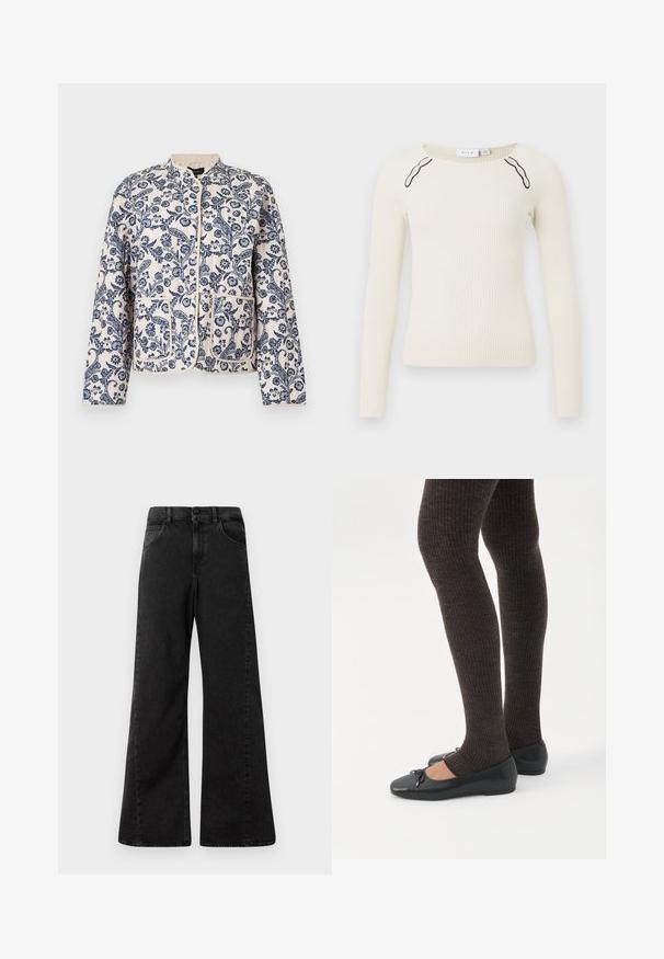 Quiltet jakke med blomstermønster i marineblå på cremefarvet baggrund; har rund hals, trykknapper og to forlommer.; Ribbede langærmede top i off-white med en rund hals og kontrastfarvede sorte detaljer på skuldrene. Strikket tekstur, tætsiddende design.; Højtaljede sorte denim jeans med vidde ben-design, der har forlommer og en knaplukning i taljen.; Ben iført mørke ribbede leggings kombineret med sorte balletsko med små sløjfedetaljer på hvid baggrund.