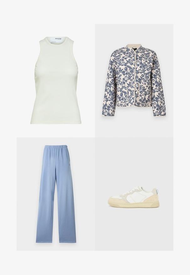 Steppjacke mit floralem Druck in Marineblau auf cremefarbenem Hintergrund; mit rundem Ausschnitt, Druckknopfverschlüssen und zwei Fronttaschen.; Ärmelloses weißes geripptes Tanktop mit rundem Ausschnitt von Selected Femme, zeigt Vorderansicht ohne Muster oder Dekorationen.; Hellblaue Hosen mit weitem Bein und elastischem Bund, flach auf weißem Hintergrund ausgelegt.; Weißer und beiger Sneaker mit Obermaterial aus Wildleder und Textil, kontrastierenden Nähten, einer Gummisohle und einem hellblauen Akzent an der Ferse.