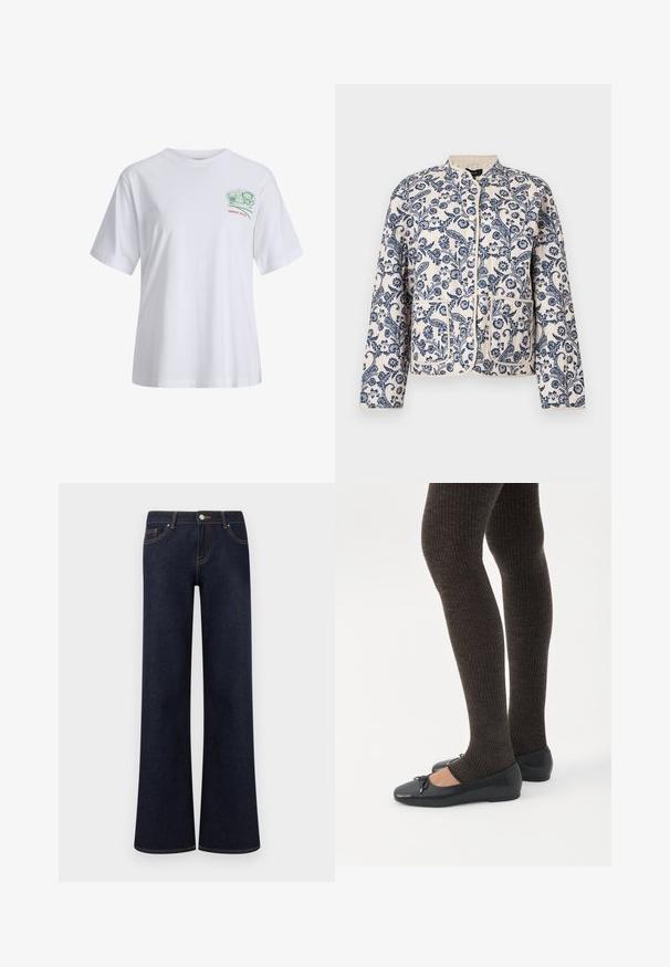 Gewatteerd jack met een bloemenprint in marineblauw op een crèmekleurige achtergrond; heeft een ronde hals, drukknoopsluitingen en twee voorzakken.; Witte T-shirt met korte mouwen, voorzien van een kleine groene en rode afbeelding met sushirollen en de tekst "SINCE 2020" op de linkerborst.; Donkerblauwe denim jeans met wijde pijpen, voorzakken, knoop- en ritssluiting, en zichtbare contrasterende stiksels.; Benen met donkere geribbelde leggings gecombineerd met zwarte ballerina's met kleine strikdetails op een witte achtergrond.
