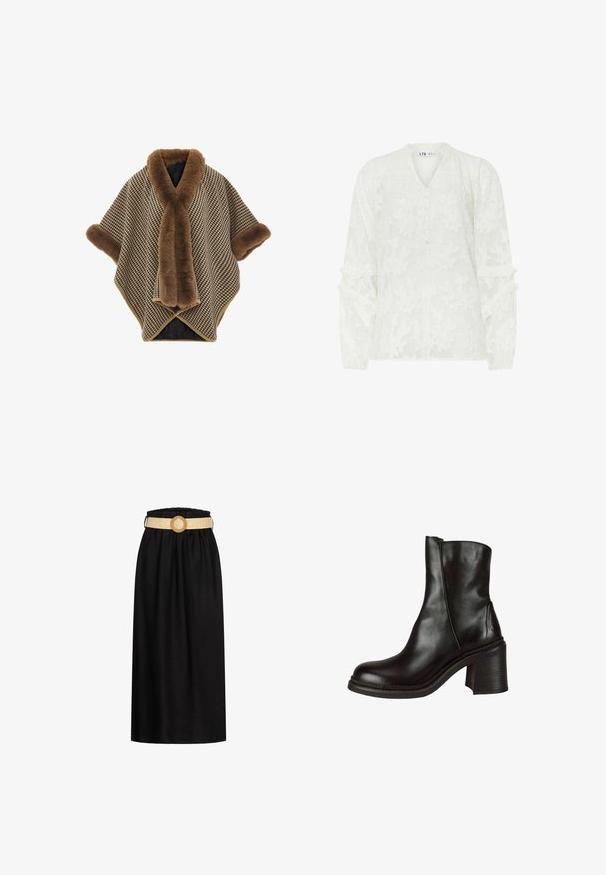 Brunternetternes poncho med en faux fur-krave og manchetter, der har en blød tekstur og en trekantet skæring for en oversized pasform.; Hvid langærmet bluse med tekstureret blomsterdesign, knaplukning og frynse-detaljer på ærmerne. Lidt afslappet pasform.; Sort midi-skrædder lavet af blødt stof, med en elastisk talje og et vævet beige bælte med en cirkulær spænde.; Sort læder ankelstøvle med rund tå, blokhæl og glat overflade. Har en sidelukning med lynlås og diskret branding på hælen.