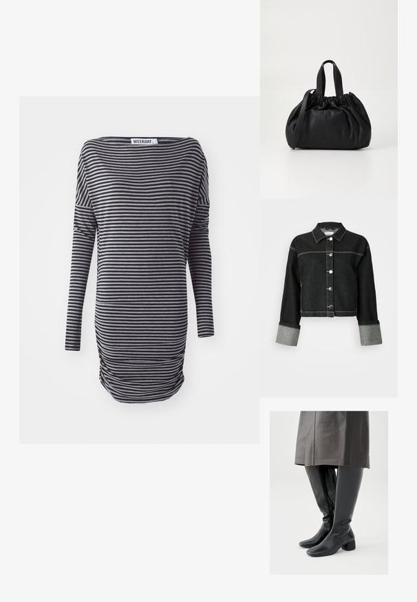 Chaqueta de mezclilla negra con cuello, cierre frontal de botones y acentos en los puños en gris. Presenta costuras blancas en contraste y un diseño recortado.; Vestido de manga larga a rayas en negro y gris. Presenta un ajuste holgado, escote redondeado y detalle de fruncido lateral. Fabricado con tejido suave.; Botas negras de cuero hasta la rodilla con punta cuadrada, tacón de bloque inclinado y cremallera lateral; textura lisa y diseño ajustado.; Bolso de mano de cuero negro con un diseño de parte superior fruncida, que cuenta con dos asas cortas y una correa larga ajustable. Textura suave, forma redondeada.