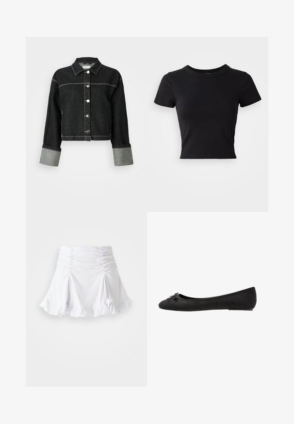 Sort denimjakke med krave, frontlukning med knapper og grå manchetter. Har kontrasterende hvid syning og et cropped design.; Sort cropped t-shirt lavet af solid bomuld, med korte ærmer og rund halsudskæring, med et glat og enkelt design.; Hvid nederdel lavet af tekstureret stof med rynkedetaljer og bølger. Har en udvidet design med en tætsiddende talje.; Sorte ruskind ballet flats med rund tå, prydet med en dekorativ sløjfe på forsiden og flad sål. Glat tekstur og klassisk form.