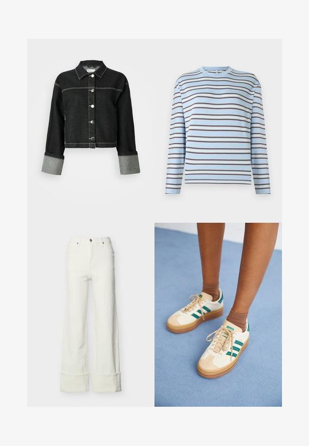 Sort denimjakke med krave, frontlukning med knapper og grå manchetter. Har kontrasterende hvid syning og et cropped design.; Langærmet T-shirt i lyseblå bomuld med horisontale striber i brun, creme og blå. Rund hals med enkel sømdekoration.; Hvide jeans med vide ben, højtaljede, frontknap og lynlås, bæltestropper, lommer foran og bagpå samt opsmøgede kanter.; Beige sneakers med mørkegrønne striber, gummisål, overdel i ruskind og tekstil samt neutralt hardware, parret med brune sokker på en lyseblå overflade.