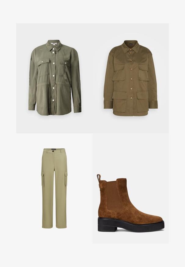 Olivengrøn skjorte lavet af et blødt stof, med knaplukning fortil, to brystlommer med klapper og lange ærmer.; Gina Tricot CARGO SHIRT - Skjortebluser - khaki green; Khaki cargo bukser lavet af blødt stof. Har to sidelommer og knaplukning. Lige ben-design med en skræddersyet afslutning.; Brune ruskindsankelstøvle med elastiske sidepaneler, en afrundet tå og en lav sort platformsål. Har en trækflig på hælen.
