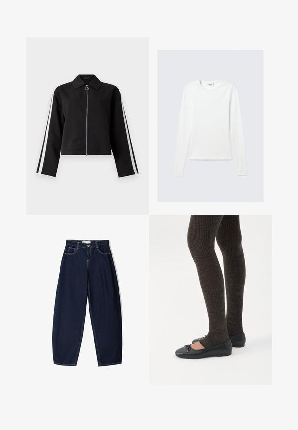 Zwarte cropped jack met lange mouwen, zilveren rits en zijstrepen. Met een puntige kraag en ringtrekknoopdetail. Glad stoftextuur.; Effen wit shirt met lange mouwen en ronde hals, slim fit, afgebeeld tegen een lichtgrijze achtergrond.; Donkerblauwe denim broek met een losse fit, voorzien van vijf zakken, contrasterende stiksels en een ritsluiting aan de voorkant.; Benen met donkere geribbelde leggings gecombineerd met zwarte ballerina's met kleine strikdetails op een witte achtergrond.