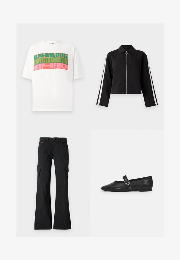 Schwarze, kurze Jacke mit langen Ärmeln, silbernem Reißverschluss und seitlichen Streifen. Verfügt über einen spitzen Kragen und einen Ringzippdetail. Glatte Stofftextur.; Weißes T-Shirt mit kurzen Ärmeln und retro Blockschrift mit dem Schriftzug "BILLABONG MAMIWATA SURF AFRICA" in Orange, Grün und Pink.; Schwarze Cargo-Hosen mit geradem Bein. Verfügt über zwei Seitentaschen, einen Knopfverschluss und ein kleines gesticktes Logo am Bund.; Schwarzer Lederflatschuh mit runder Zehenform, einem verstellbaren Schnallenriemen und einer glatten, glänzenden Oberfläche. Minimalistisches Design mit einem niedrigen Absatz.