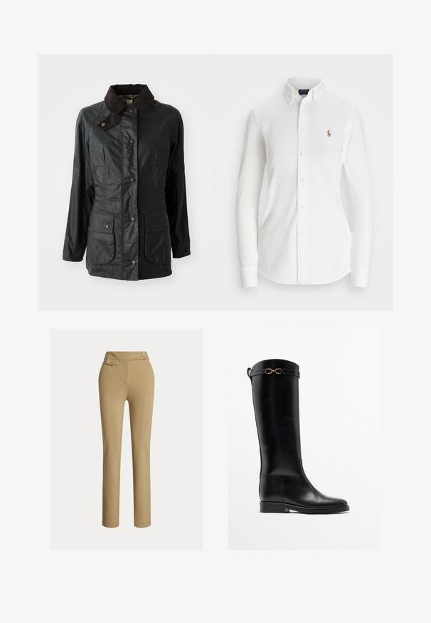 Veste étanche noire avec un col en velours côtelé marron, des boutons-pression et deux grandes poches avant. Texture lisse avec une finition légèrement brillante.; Chemise blanche à manches longues avec col pointu, en coton. Présente un petit logo brodé sur la poitrine gauche.; Pantalons beiges ajustés avec une texture lisse, taille haute, deux boutons décoratifs et une poche arrière. Design à jambe droite.; Botte haute en cuir noir avec un petit talon et un détail de boucle dorée près du haut, montrée de profil sur fond blanc.