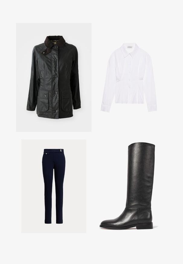 Veste étanche noire avec un col en velours côtelé marron, des boutons-pression et deux grandes poches avant. Texture lisse avec une finition légèrement brillante.; Blouse blanche à manches longues avec un col classique, fermeture à boutons sur le devant et détail froncé sur le côté. Tissu lisse avec une coupe ajustée.; Pantalon slim-fit bleu marine avec taille haute, poches plaquées à l’avant avec bouton, et deux boutons décoratifs à la taille.; Botte en cuir noir à hauteur de genou avec une finition texturée, bout rond, tige lisse et un petit talon empilé. Design minimaliste, sans quincaillerie visible.