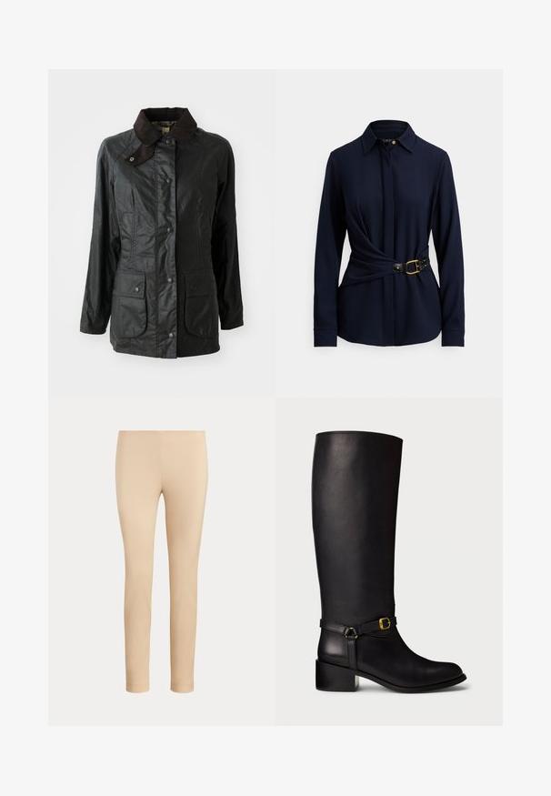 Veste étanche noire avec un col en velours côtelé marron, des boutons-pression et deux grandes poches avant. Texture lisse avec une finition légèrement brillante.; Chemise à manches longues bleu marine avec col, design torsadé à l'avant, et ceinture noire avec boucle dorée et détails cloutés. Texture de tissu douce.; Pantalon beige slim fit longueur cheville avec une finition lisse, sans poches visibles ni ornements, sur un fond uni.; Botte en cuir noir montant jusqu'au genou, avec un petit talon carré et une sangle décorative dotée d'une petite boucle en or à la cheville.