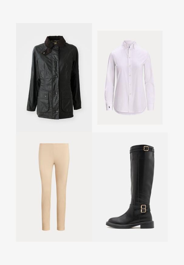 Veste étanche noire avec un col en velours côtelé marron, des boutons-pression et deux grandes poches avant. Texture lisse avec une finition légèrement brillante.; Chemise blanche à manches longues avec col boutonné et petit logo brodé sur le poignet gauche.; Pantalon beige slim fit longueur cheville avec une finition lisse, sans poches visibles ni ornements, sur un fond uni.; Bottes noires à hauteur de genou en cuir lisse avec un bout arrondi, un talon épais et des accents de double boucle dorée sur la sangle de la cheville.