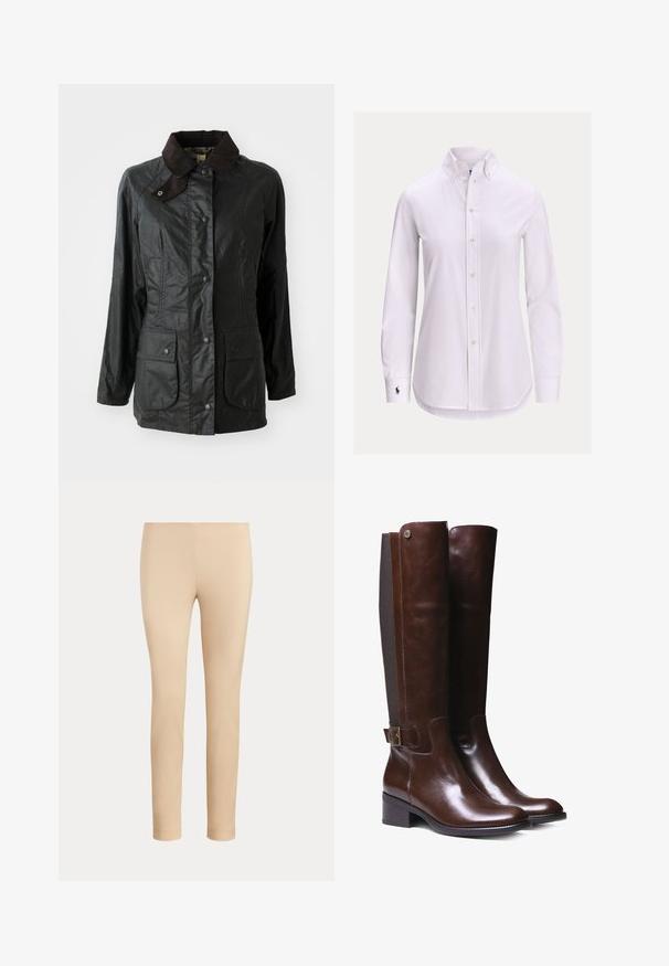 Veste étanche noire avec un col en velours côtelé marron, des boutons-pression et deux grandes poches avant. Texture lisse avec une finition légèrement brillante.; Chemise blanche à manches longues avec col boutonné et petit logo brodé sur le poignet gauche.; Pantalon beige slim fit longueur cheville avec une finition lisse, sans poches visibles ni ornements, sur un fond uni.; Bottes haute en cuir marron avec finition lisse, panneau en tissu contrastant, détail de boucle à la cheville et petit talon carré.