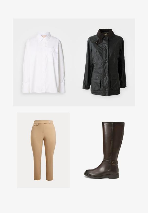 Zwarte waterdichte jas met een bruine corduroy kraag, drukknoopsluiting en twee grote voorkruiszakken. Glad textuur met een licht glanzende afwerking.; Witte button-up shirt van katoen. Bevat een kraag, lange mouwen, een borstzak en een subtiele textuur. Eenvoudig ontwerp zonder patronen.; Beige slim-fit pantalons met hoge taille, met twee kleine decoratieve knoopjes op de tailleband en een knoopsluiting flapzak aan de rechterzijde.; Bruine leren kniehoge laars met een gladde textuur, ronde neus en een decoratieve gespaccent aan de zijkant. Ontwerp met een lage, platte hak.