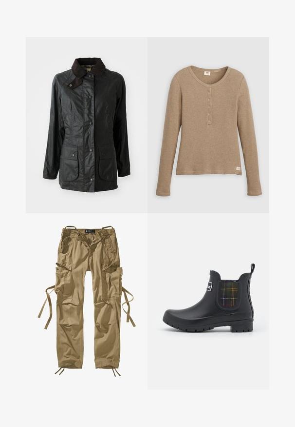 Veste étanche noire avec un col en velours côtelé marron, des boutons-pression et deux grandes poches avant. Texture lisse avec une finition légèrement brillante.; Chemise henley beige à manches longues en maille gaufrée avec encolure ronde et patte de boutonnage à cinq boutons, présentée à plat sur fond blanc.; Pantalons cargo kaki en coton avec plusieurs poches latérales, cordons de serrage aux chevilles et accents en boutons. Lignes épurées et tissu durable.; Barbour KINGHAM - Bottes en caoutchouc - black