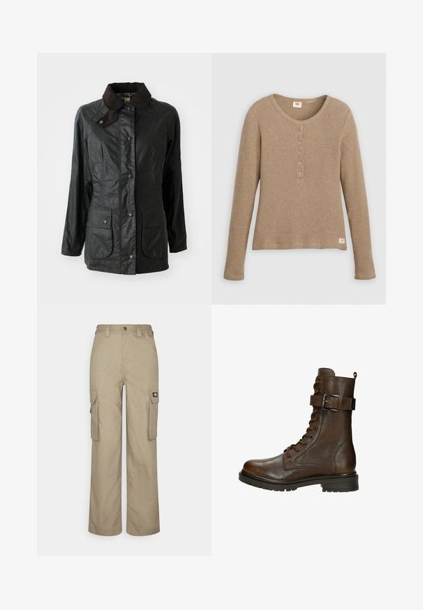 Veste étanche noire avec un col en velours côtelé marron, des boutons-pression et deux grandes poches avant. Texture lisse avec une finition légèrement brillante.; Chemise henley beige à manches longues en maille gaufrée avec encolure ronde et patte de boutonnage à cinq boutons, présentée à plat sur fond blanc.; Pantalons cargo beiges en tissu durable, offrant une coupe décontractée, plusieurs poches latérales et une taille élastique avec une fermeture à bouton.; Bottines en cuir marron à lacets, avec une boucle sur le côté, bout rond, semelle robuste et détails de couture pour ajouter de la texture.