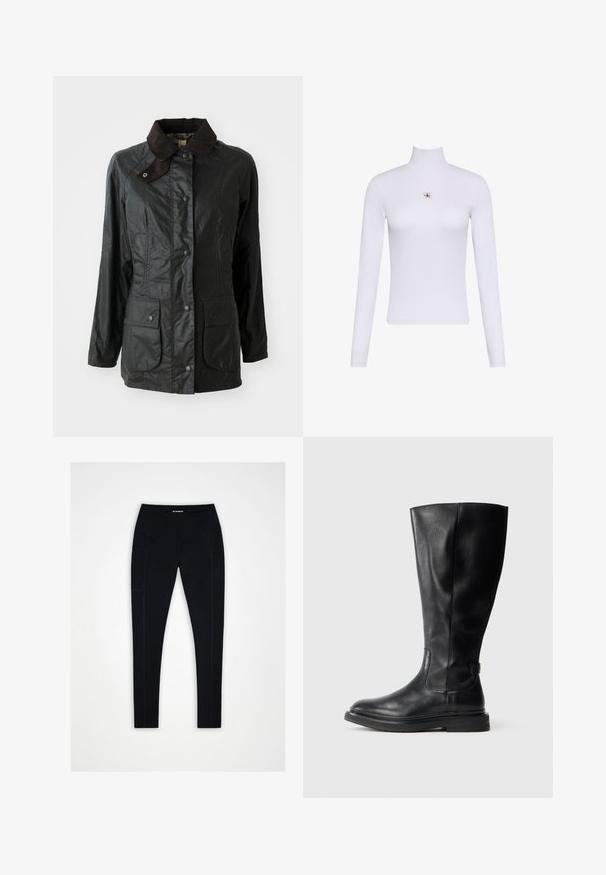 Veste étanche noire avec un col en velours côtelé marron, des boutons-pression et deux grandes poches avant. Texture lisse avec une finition légèrement brillante.; Haut blanc à manches longues avec col roulé et petit écusson du logo Calvin Klein centré sur la poitrine.; Leggings noirs taille haute avec poche latérale, coutures plates et tissu lisse, disposés à plat sur un fond blanc.; Botte noire en cuir, montant jusqu'au genou, avec un bout rond, un-dessus légèrement texturé et une semelle en caoutchouc. Équipée d'un panneau latéral pour un enfilage facile.