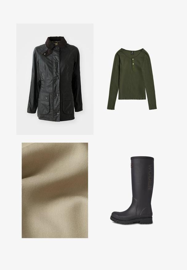 Zwarte waterdichte jas met een bruine corduroy kraag, drukknoopsluiting en twee grote voorkruiszakken. Glad textuur met een licht glanzende afwerking.; Langarmig olijfgroen geribd shirt met ronde hals en twee knopen op het beleg middenvoor.; Beige gestructureerde stof met een fijn, ribbelpatroon. Het materiaal lijkt glad met een subtiele glans en valt zacht in plooien.; Hoge zwarte rubberen laars met een gestructureerde afwerking, WODEN-logo op de zijkant en een versterkte zool met gesprenkelde accenten.