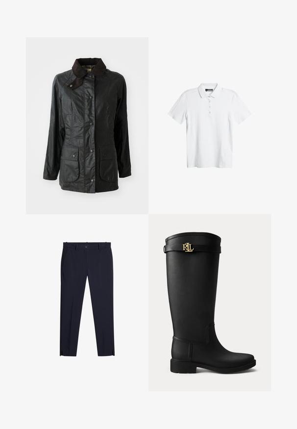 Schwarze wasserdichte Jacke mit einem braunen Cordkragen, Druckknöpfen und zwei großen Vordertaschen. Glatte Textur mit leicht glänzender Oberfläche.; Weißes Poloshirt mit subtilen Wellenmuster, kurzen Ärmeln und einer Drei-Knopf-Leiste. Hergestellt aus einem glatten, leichten Stoff.; Herren dunkelmarineblaue Slim-Fit-Hosen mit Gürtelschlaufen, Fronttaschen, Reißverschluss und kleinen Schlitzchen an der Vorderseite des Hosenbeins am Saum.; Schwarzer knielanger Regenstiefel mit niedrigem Absatz und goldener RLL-Logo-Schnalle nahe dem oberen Rand auf einem schlichten hellen Hintergrund.