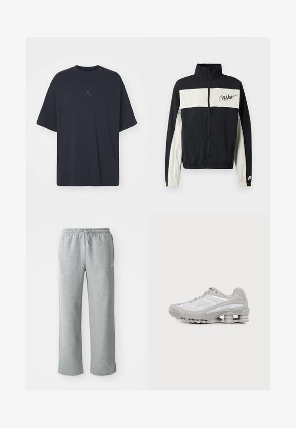 Veste coupe-vent noire et crème avec col montant, fermeture éclair intégrale, poignets élastiques et logo Nike brodé sur la poitrine. Tissu texturé.; T-shirt en coton noir avec une coupe ample, col rond, manches courtes, comportant un logo discret et le texte "AIR" au-dessus du logo au centre.; Pantalons de survêtement en coton gris avec une taille élastique, fermeture à cordon et jambes droites. Comprend un petit logo sur le côté supérieur gauche.; Baskets de sport grises et blanches avec semelle à coussin d'air visible et panneaux en mesh, présentées de profil sur un fond clair uni.