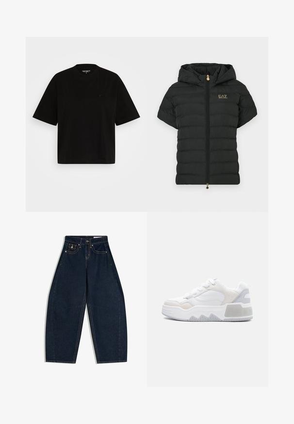 Doudoune noire à manches courtes avec capuche, texture matelassée horizontale, logo doré sur la poitrine et fermeture éclair à l'avant.; T-shirt en coton noir avec une coupe décontractée, manches courtes, col rond, et un petit logo sur la poitrine gauche.; Jeans en denim bleu foncé à jambes larges, taille haute, fermeture avant par bouton et zip, cinq poches, avec coutures contrastées orange.; Baskets basses blanches avec semelle épaisse, lacets, panneaux en suède et en mesh, et motif en zigzag texturé sur la semelle extérieure.