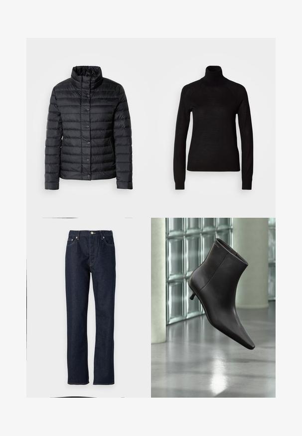 Veste col montant noire en duvet avec des fermetures à boutons et un motif matelassé horizontal. Le matériau semble léger et résistant à l'eau.; Pull à col roulé noir en tissu tricot léger. Avec des manches longues et une silhouette ajustée dotée de coutures raglan.; Jean en denim bleu foncé avec une coupe droite, dotée d'une fermeture à bouton et à glissière, d'un design à cinq poches et de détails de surpiqûres contrastées.; Bottine en cuir noir avec bout pointu et petit talon, présentée devant un mur en blocs de verre et un sol poli.