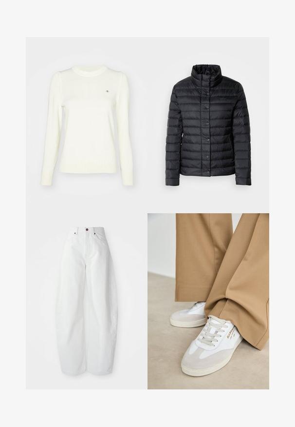 Sort dunjakke med høj krave, knaplukninger og horisontalt quiltet mønster. Materialet virker let og vandafvisende.; Lyscreme sweater, strikket tekstur, crew neck, lange ærmer, ribbede manchetter og søm. Diskret logodetalje på brystet.; Højtaljede hvide denimbukser med løs pasform. Har en knaplukning, sidelommer og et minimalistisk design. Glat tekstur.; Hvide sneakers med ruskinddetaljer, strukturerede snørebånd og gummisål. Kombineret med løse, brune bukser. Logoet er vist på siden.