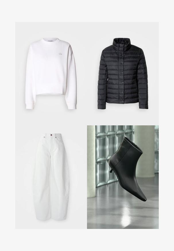 Sort dunjakke med høj krave, knaplukninger og horisontalt quiltet mønster. Materialet virker let og vandafvisende.; Hvid cropped sweatshirts, bomuldsblanding, rund halsudskæring, lange ærmer, ribbede manchetter, med et lille Lacoste-logo på brystet.; Højtaljede hvide denimbukser med løs pasform. Har en knaplukning, sidelommer og et minimalistisk design. Glat tekstur.; Sort læderankelstøvle med spids tå og lav kitten-hæ, vist vinklet mod en poleret gulv- og glasblokvæg.