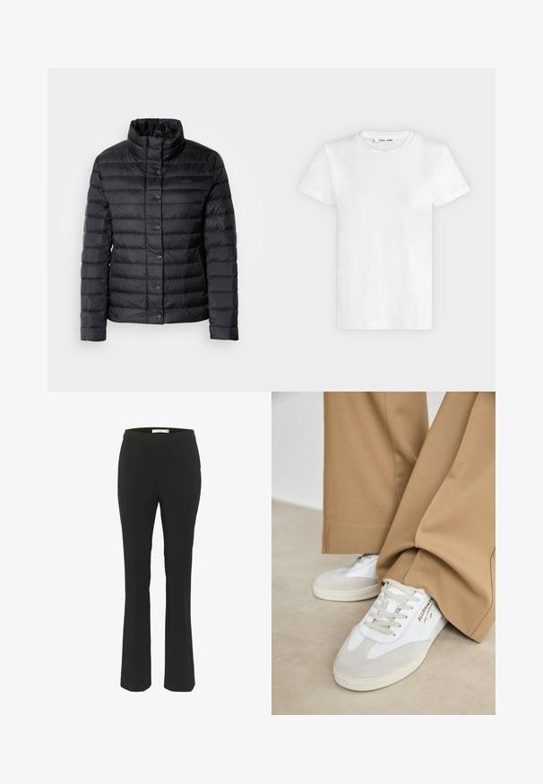 Veste col montant noire en duvet avec des fermetures à boutons et un motif matelassé horizontal. Le matériau semble léger et résistant à l'eau.; T-shirt blanc uni à manches courtes et col rond, posé à plat sur un fond gris clair, montrant le devant avec l'étiquette à l'intérieur du col.; Pantalons noirs ajustés avec une coupe slim, bas évasé, devant plat et sans poches visibles. Fabriqués en tissu lisse avec des coutures minimales.; Baskets blanches avec des accents en daim, des lacets texturés et une semelle en caoutchouc. Associées à un pantalon beige ample. Logo affiché sur le côté.