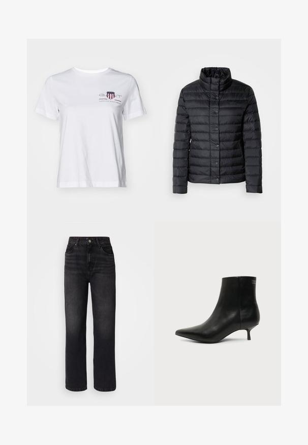 Veste col montant noire en duvet avec des fermetures à boutons et un motif matelassé horizontal. Le matériau semble léger et résistant à l'eau.; T-shirt en coton blanc à manches courtes, col rond, avec un logo brodé rouge et bleu sur le côté gauche. Texture lisse, coupe décontractée.; Jeans en denim noir à taille haute, jambe droite, cinq poches et décoloration subtile. Comprend une fermeture à bouton et des passants de ceinture.; Bottine en cuir noir avec bout pointu et petit talon kitten sur fond clair, vue côté extérieur.