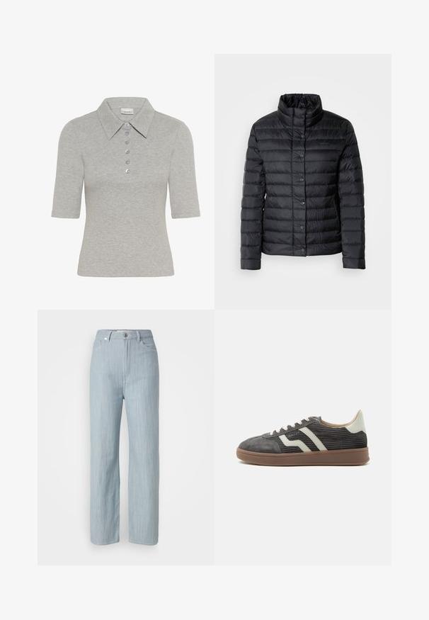 Veste col montant noire en duvet avec des fermetures à boutons et un motif matelassé horizontal. Le matériau semble léger et résistant à l'eau.; Polo gris côtelé à manches courtes, col pointu et six boutons violet clair. Présente un logo brodé discret sur la poitrine.; Jean droit en denim bleu clair. Comprend cinq poches, une fermeture à bouton en métal et un léger délavage pour la texture.; Baskets basses en velours côtelé gris avec bandes blanches sur les côtés, languette beige au talon, lacets blancs et semelle en caoutchouc marron.
