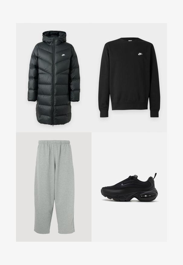 Sort puffet jakke med hætte, udstyret med et chevron quiltet mønster, fuld lynlås foran og et lille hvidt logo på brystet.; Sort sweatshirt lavet af bomuld med rund hals, lange ærmer og et lille hvidt Nike-logo på øverste venstre bryst.; Lysegrå joggingbukser med elastisk taljebånd, konisk ben-design og blød tekstur. Ingen synligt mærke eller mønstre.; Sort atletiksko med en glat, struktureret overdel. Har en rund tå, polstret krave og synlig luftdæmpning i sålen.