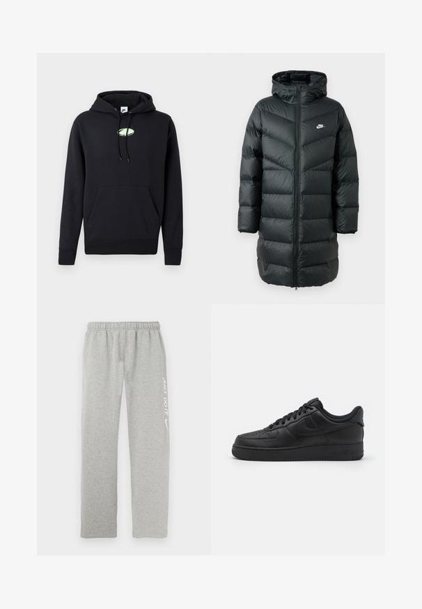 Mustaga puhvisuus, millel on kapuuts, millel on v-õmblusmuster, täielik tõmblukk ees ja väike valge logo rinnal.; Must musta Nike kapuutsiga, ees kangaroo tasku, reguleeritava nööriga kapuuts ja väike helesinine ovaalne logo, mis on tsentraalselt rinnal.; Hallid dressipüksid, mis on valmistatud pehmest materjalist, elastse vöökohaga. Ühel jalal on valge "JUST DO IT" tekst ja Nike lööklause logo.; Nike Sportswear AIR FORCE 1 07 FLYEASE - Tossud - black