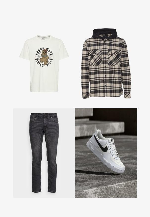 Sort og cremeternet flannel skjorte med sort hætte, der har to brystlommer, knaplukninger og lange ærmer. Blød tekstur.; Hvid bomulds T-shirt med et grafisk motiv af en bjørn i solbriller og hat, med teksten "SOUND WAVE VINTAGE VIBES" i fed skrift.; Sorte denimjeans med lige pasform, let falmet tekstur, fem lommer, metalknap og lynlås. Bunden er ren og rå.; Hvid Nike Air Force 1-sneaker med sort swoosh, snørebånd bundet, placeret i luften over tekstureret betonoverflade udendørs.