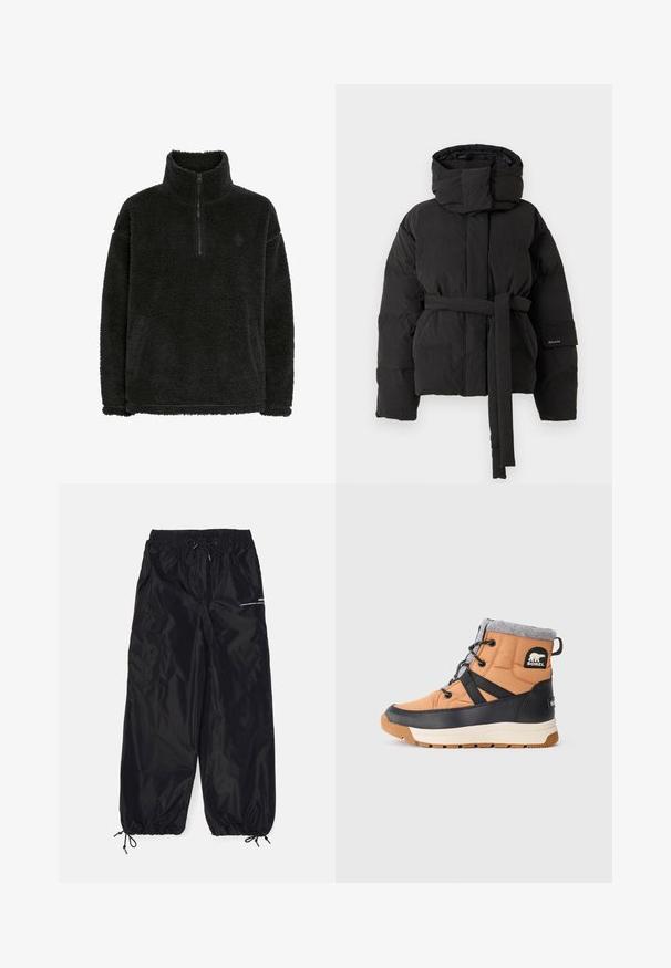 Schwarze gepolsterte Jacke mit hohem Kragen, angebundener Taillengürtel, langen Ärmeln und Seitentaschen, vor einem schlichten Hintergrund präsentiert.; Schwarzer Fleece-Pullover mit einem Reißverschlusskragen, weicher, strukturierter Oberfläche und bequemer Passform. Verfügt über eine Naht entlang des Saums und der Bündchen.; Schwarze Cargo-Hosen aus glänzendem Nylon mit elastischem Bund, verstellbarem Kordelzug, Seitentaschen und elastischen Bundabschlüssen.; Wasserdichte Winterstiefel mit einem oberen Teil aus orangefarbenem Nylon, einem unteren Teil aus schwarzem Gummi, einem grauen Fleece-Kragen und schwarzen Akzenten. Verfügt über eine strukturierten Außensohle für besseren Halt.