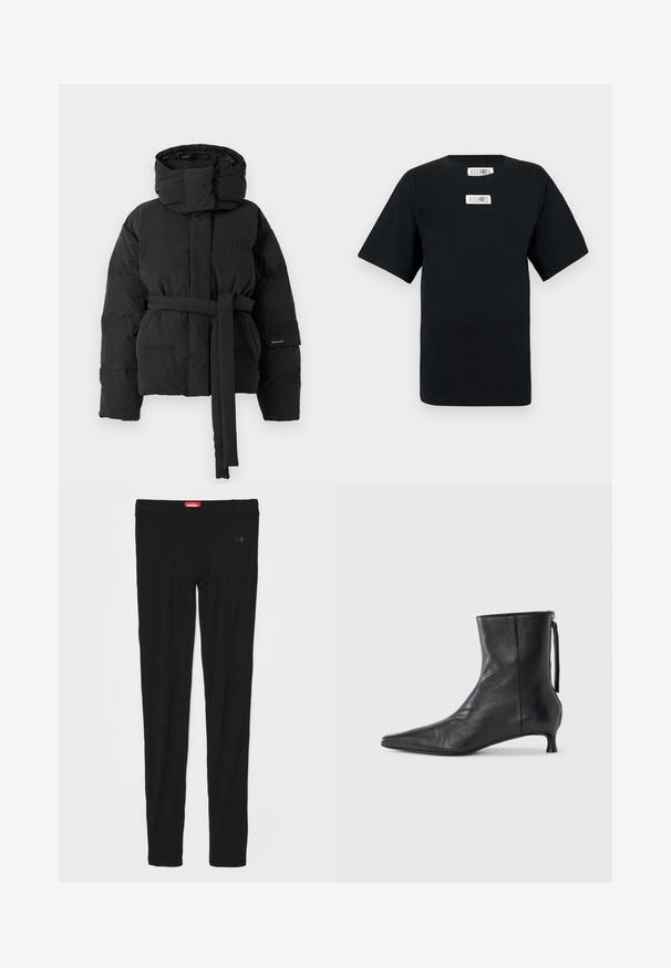 Veste noire rembourrée avec col montant, ceinture attachée à la taille, manches longues et poches latérales, affichée sur un fond uni.; T-shirt en coton noir à manches courtes, col rond, avec deux étiquettes blanches sur la poitrine. Design simple, coupe droite, sans motifs ni accents.; Leggings noirs en tissu lisse, avec une taille haute et un logo discret à l'avant. Les leggings ont une silhouette slim et ajustée.; Bottine en cuir noir à bout pointu, forme structurée et petit talon. Dispose d'une fermeture éclair latérale et d'un design minimaliste.
