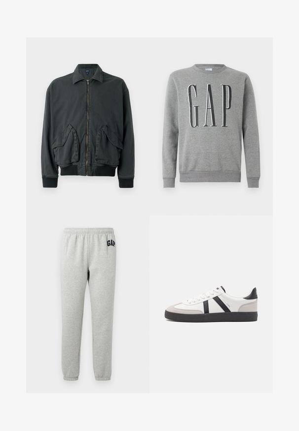 Chaqueta bomber negra con cierre frontal de cremallera, dos grandes bolsillos laterales, puños y cuello de canalé. Fabricada con un tejido duradero y de textura suave.; Sudadera gris con cuello redondo, puños y dobladillo acanalados, con la palabra "GAP" en letra negra grande en la parte frontal. Textura de tela suave.; Pantalones de chándal grises con cinturilla elástica, tobillos acampanados y un logo de "GAP" en navy en el muslo superior izquierdo. Tejido suave de mezcla de algodón.; Zapatilla blanca con acentos en negro y gris, que presenta una puntera texturizada en gris, suela de goma negra y cordones planos blancos. Diseño limpio, estilo minimalista.