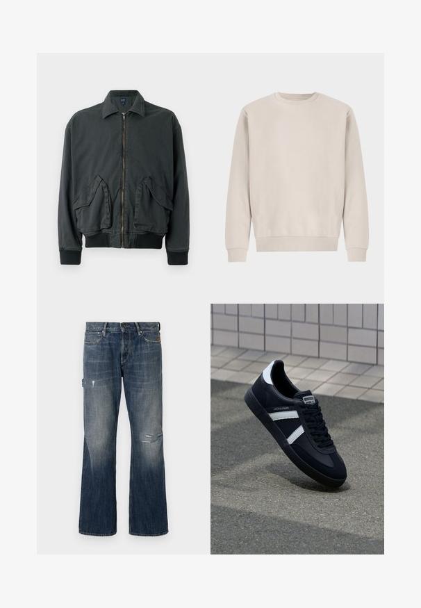 Chaqueta bomber negra con cierre frontal de cremallera, dos grandes bolsillos laterales, puños y cuello de canalé. Fabricada con un tejido duradero y de textura suave.; Sudadera de cuello redondo beige hecha de algodón suave, con un corte relajado, puños y dobladillo acanalados, sin patrones ni elementos metálicos visibles.; Jeans de mezclilla en azul oscuro con un lavado desgastado. Presenta un corte de pierna ancha, detalles desgastados que incluyen un desgarro, y un diseño estándar de cinco bolsillos.; Zapatilla de cuero negra con rayas blancas, suela de goma texturizada y parte frontal con cordones. Cuenta con una etiqueta de marca en la lengüeta.