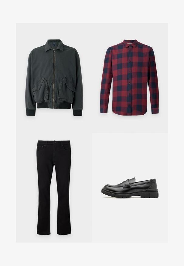 Chaqueta bomber negra con cierre frontal de cremallera, dos grandes bolsillos laterales, puños y cuello de canalé. Fabricada con un tejido duradero y de textura suave.; Camisa de cuadros en rojo y azul marino de manga larga con cuello abotonado y botones oscuros. Fabricada con un tejido ligero de textura suave.; Jeans de mezclilla negra con un diseño de pierna recta, estilo de cinco bolsillos y detalles de costura sutiles. El material es suave con un acabado mate.; Mocasin de cuero negro con una cinta ancha en el empeine, suela de goma con tacos gruesos y textura suave. Diseño clásico y elegante.