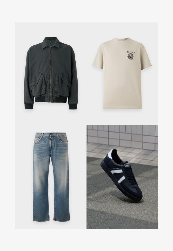 Schwarze Bomberjacke mit Reißverschluss, zwei großen Seitentaschen, gerippten Bündchen und Kragen. Aus strapazierfähigem Stoff mit glatter Textur gefertigt.; Beige Baumwoll-T-Shirt mit rundem Halsausschnitt und kurzen Ärmeln. Auf der Vorderseite ist ein schwarzes, illustriertes Grafikmotiv sowie das Wort "REPLAY" zu sehen.; Blaue Denim-Jeans mit lockerer Passform und geradem Bein. Verfügt über hellere Waschdetails und ein klassisches Fünf-Taschen-Design mit gestickten Akzenten.; Schwarze Leder-Sneaker mit weißen Streifen, strukturiertem Gummisohle und Schnürung. Verfügt über ein Markenetikett auf der Zunge.