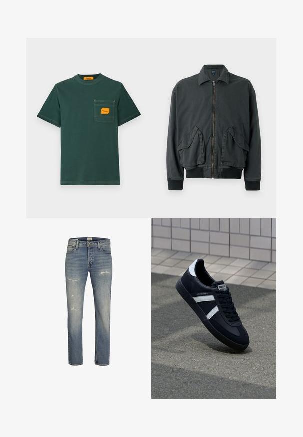 Zwarte bomberjack met een ritssluiting aan de voorkant, twee grote zijzakken, ribgebreide manchetten en kraag. Gemaakt van duurzame stof met een soepele textuur.; Groene katoenen T-shirt met ronde hals, korte mouwen en een borstzak met een oranje label. Contrasterend stiksel is zichtbaar.; Lichtblauwe denim jeans met een recht beenontwerp, versleten details aan de voorkant en een klassieke vijf-pocketstijl met een rits.; Zwarte leren sneaker met witte strepen, een gestructureerde rubberen zool en vetersluiting aan de voorkant. Voorzien van een merklabel op de tong.