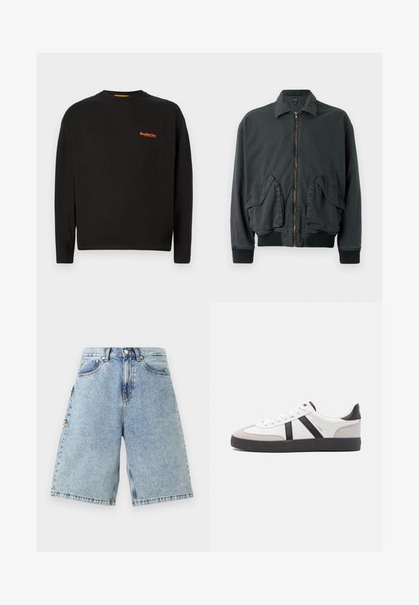 Chaqueta bomber negra con cierre frontal de cremallera, dos grandes bolsillos laterales, puños y cuello de canalé. Fabricada con un tejido duradero y de textura suave.; Camiseta negra de manga larga hecha de algodón, con un pequeño logo naranja de "Replay Inc." en el pecho, cuello redondo y ajuste estándar.; Pantalones cortos de denim azul con cintura alta, corte holgado, cinco bolsillos y detalles de costura visibles. Textura suave con un acabado de lavado claro.; Zapatilla blanca con acentos en negro y gris, que presenta una puntera texturizada en gris, suela de goma negra y cordones planos blancos. Diseño limpio, estilo minimalista.