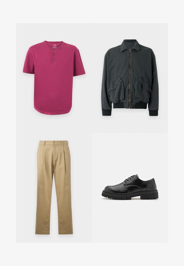 Schwarze Bomberjacke mit Reißverschluss, zwei großen Seitentaschen, gerippten Bündchen und Kragen. Aus strapazierfähigem Stoff mit glatter Textur gefertigt.; Kurzarm-Henley-Shirt in einem lebhaften Magenta-Ton. Mit Rundhalsausschnitt, Drei-Knopf-Leiste und leicht abgerundetem Saum. Weiche Textur.; Beige Chinos mit geradem Bein, gefaltetem Vorderteil und Knopfverschluss. Glatte Textur und standardmäßiges Bunddesign.; Schwarze Lederschuhe mit runder Zehenform, Schnürdesign und einer dicken, strukturierten Gummisohle. Sie verfügen über eine Naht entlang des Randes und haben eine glatte Oberfläche.