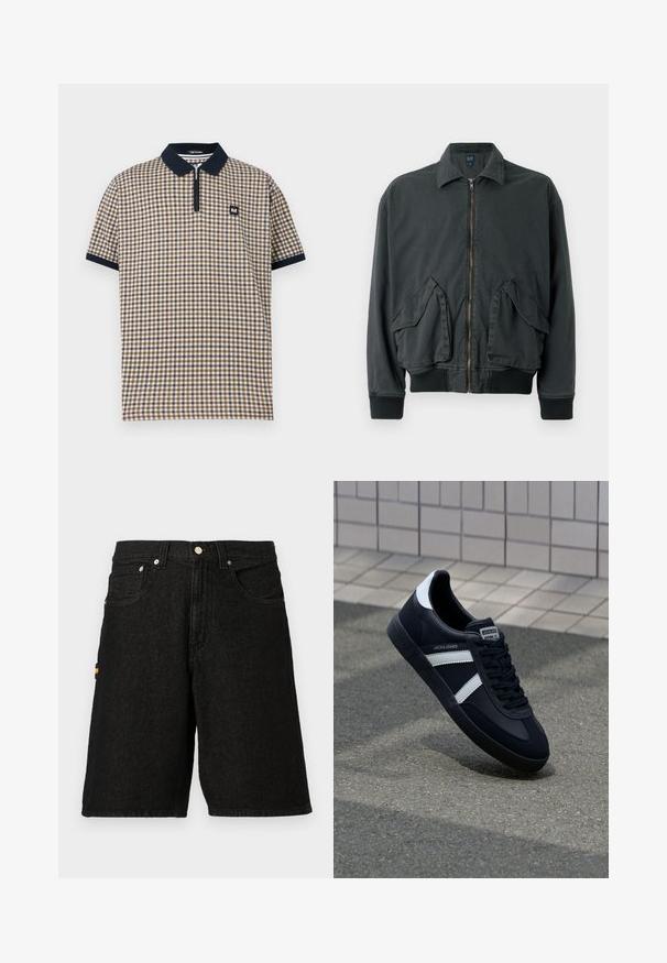 Veste bomber noire avec fermeture éclair à l'avant, deux grandes poches latérales, poignets et col côtelés. Fabriquée en tissu durable avec une texture lisse.; Polo à manches courtes avec un motif à carreaux beige, marron et blanc, col noir et poignets de manches, fermeture éclair frontale et petite écusson logo sur la poitrine.; Shorts en denim noir avec un design classique à cinq poches, quincaillerie argentée et une subtile accent orange sur la poche latérale.; Sneaker en cuir noir avec des rayures blanches, semelle en caoutchouc texturée et devant à lacets. Présente une étiquette de marque sur la languette.