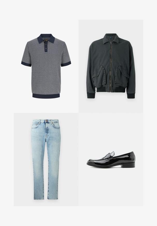 Veste bomber noire avec fermeture éclair à l'avant, deux grandes poches latérales, poignets et col côtelés. Fabriquée en tissu durable avec une texture lisse.; Polo homme à manches courtes en maille bleu marine et blanche avec motif ondulé, patte de boutonnage à trois boutons, col, manches et ourlet côtelés.; Jeans en denim bleu clair à coupe droite, avec un design à cinq poches et une fermeture à bouton en laiton. Présente un délavage subtil et des détails de couture.; Mocassin pour homme en cuir verni noir avec talon bas, bout arrondi, et détail de bride sur le dessus, sur fond blanc.