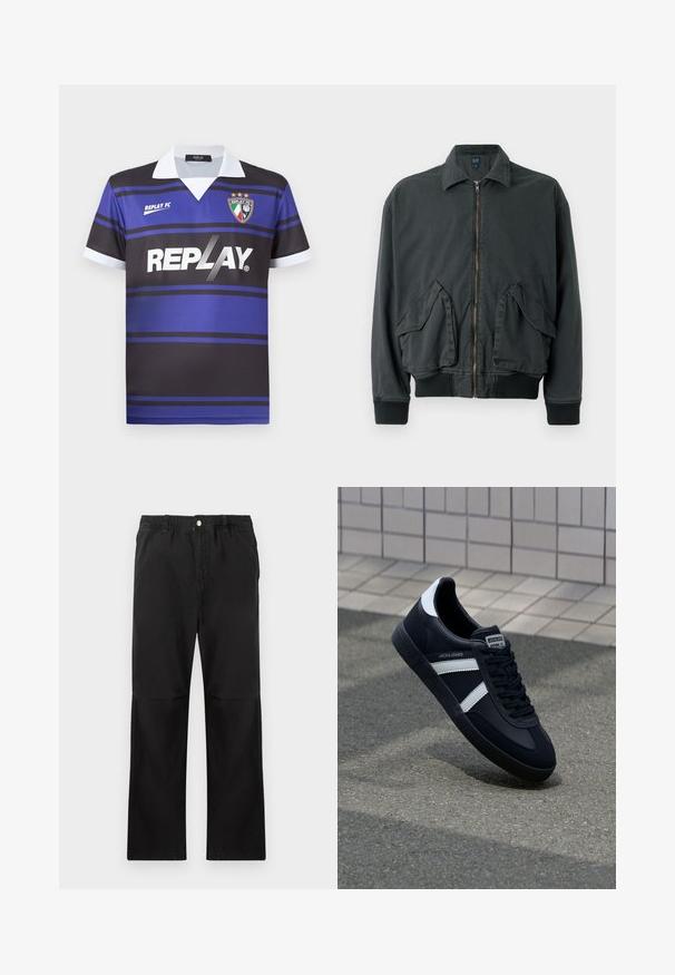 Schwarze Bomberjacke mit Reißverschluss, zwei großen Seitentaschen, gerippten Bündchen und Kragen. Aus strapazierfähigem Stoff mit glatter Textur gefertigt.; Schwarz-blaues Fußballtrikot mit horizontalen Streifen, weißem Kragen und "REPLAY"-Logo. Mit einem Wappensymbol mit Sternen darüber.; Schwarze Baumwollhosen mit einem elastischen Bund, gerade geschnitten, mit glatter Textur und ohne sichtbare Akzente oder Muster.; Schwarze Leder-Sneaker mit weißen Streifen, strukturiertem Gummisohle und Schnürung. Verfügt über ein Markenetikett auf der Zunge.