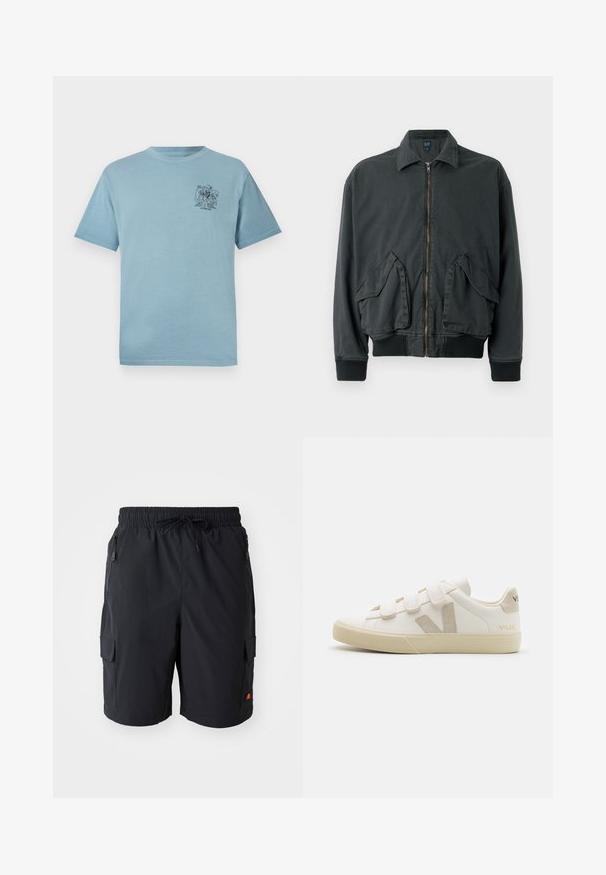 Veste bomber noire avec fermeture éclair à l'avant, deux grandes poches latérales, poignets et col côtelés. Fabriquée en tissu durable avec une texture lisse.; T-shirt en coton bleu clair avec une coupe décontractée, comprenant un petit graphique noir sur la partie gauche de la poitrine. Manches courtes et col rond.; Shorts cargo noirs avec une taille élastique et un cordon de serrage, dotés de poches latérales avec fermetures éclair et d'une poche plaquée sur la cuisse.; Baskets en cuir blanc avec des bandes Velcro, accents beiges, bout arrondi, semelle en caoutchouc texturé et logo embossé. Design minimaliste.