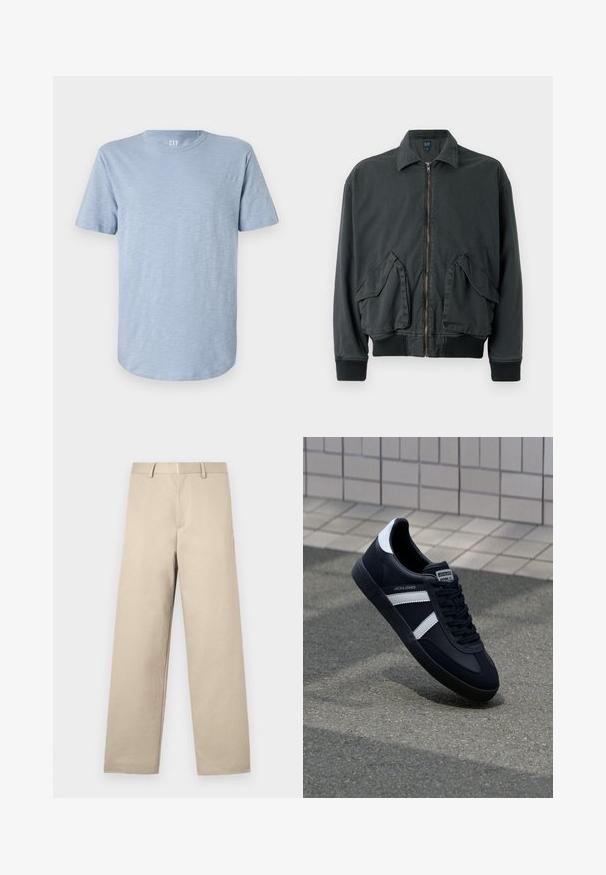 Chaqueta bomber negra con cierre frontal de cremallera, dos grandes bolsillos laterales, puños y cuello de canalé. Fabricada con un tejido duradero y de textura suave.; Camiseta de manga corta de color azul claro hecha de una tela suave, con un escote redondo y un dobladillo recto con una textura sutil.; Pantalones beiges con un diseño de pierna recta, frente plano, dos bolsillos laterales y cremallera. Fabricados en una suave tela de algodón.; Zapatilla de cuero negra con rayas blancas, suela de goma texturizada y parte frontal con cordones. Cuenta con una etiqueta de marca en la lengüeta.