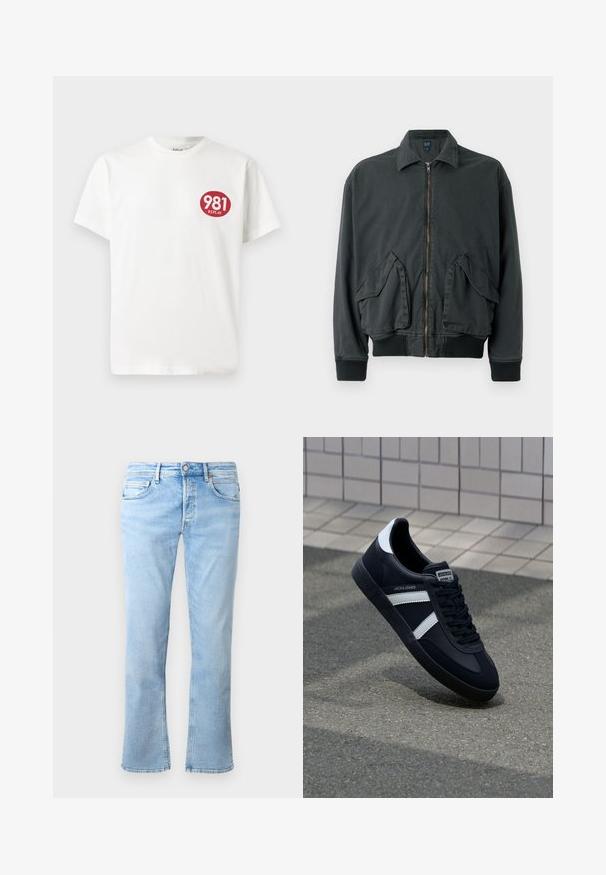 Veste bomber noire avec fermeture éclair à l'avant, deux grandes poches latérales, poignets et col côtelés. Fabriquée en tissu durable avec une texture lisse.; T-shirt en coton blanc avec un logo rouge rond sur la poitrine gauche portant le texte "981 REPLAY". Manches courtes et coupe standard.; Un pantalon en denim bleu clair avec une coupe droite, cinq poches et une fermeture à bouton. Le tissu a une texture lisse avec des accents décolorés.; Sneaker en cuir noir avec des rayures blanches, semelle en caoutchouc texturée et devant à lacets. Présente une étiquette de marque sur la languette.