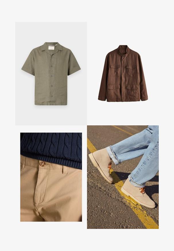 Braune Jacke mit langen Ärmeln, hohem Kragen, vier vorne aufgesetzten Taschen mit Klappen und Knopfverschluss in der Mitte.; Kurzarmhemd aus olivgrüner Leinen mit einem Campkragen und sechs passenden Knöpfen auf der Vorderseite, mit einem lockeren Schnitt und strapazierfähigem Stoff.; Nahaufnahme von beigen Hosen mit Knopfverschluss kombiniert mit dem Saum eines marineblauen, kabelgestrickten Pullovers.; Beige Wildleder-Ankelboots mit orangefarbenen Schnürsenkeln, runder Spitze und einer leichten Gummisohle, kombiniert mit hellblauen, umgeschlagenen Jeans.