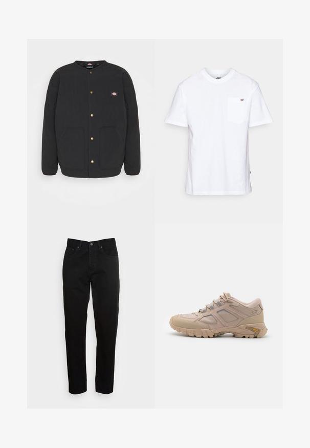 Veste matelassée noire avec un col rond, des boutons-pression dorés et deux poches avant. Présente un petit logo sur la poitrine gauche.; T-shirt en coton blanc avec un col rond, des manches courtes et une poche poitrine arborant un petit logo de la marque sur le côté gauche.; Jean slim noir avec fermeture à bouton à l'avant et design à cinq poches, présenté sur un fond gris clair uni.; Baskets de sport beiges avec une tige en maille texturée, revêtement synthétique et semelle extérieure Vibram. Comprend un système de laçage et des détails sur les panneaux latéraux.
