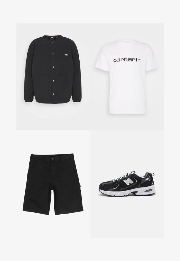 Veste matelassée noire avec un col rond, des boutons-pression dorés et deux poches avant. Présente un petit logo sur la poitrine gauche.; T-shirt en coton blanc à manches courtes et col rond. Présente un grand logo "carhartt" en marron foncé sur la poitrine.; Shorts noirs en coton avec une taille plate, deux poches latérales, une fermeture à bouton et une poche cargo sur le côté pour un rangement supplémentaire.; Baskets de sport noires et grises avec un tige en mesh et en suède, présentant une semelle intermédiaire blanche, des lacets et un logo "N" audacieux sur le côté.